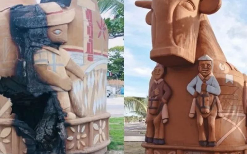 Escultura ‘Boi Bumbá’ é queimada em ato de vandalismo na Avenida da Paz, em Maceió